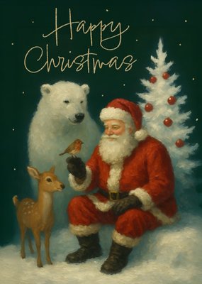 Happy Christmas Santa And Winter Animals Traditional Christmas Card