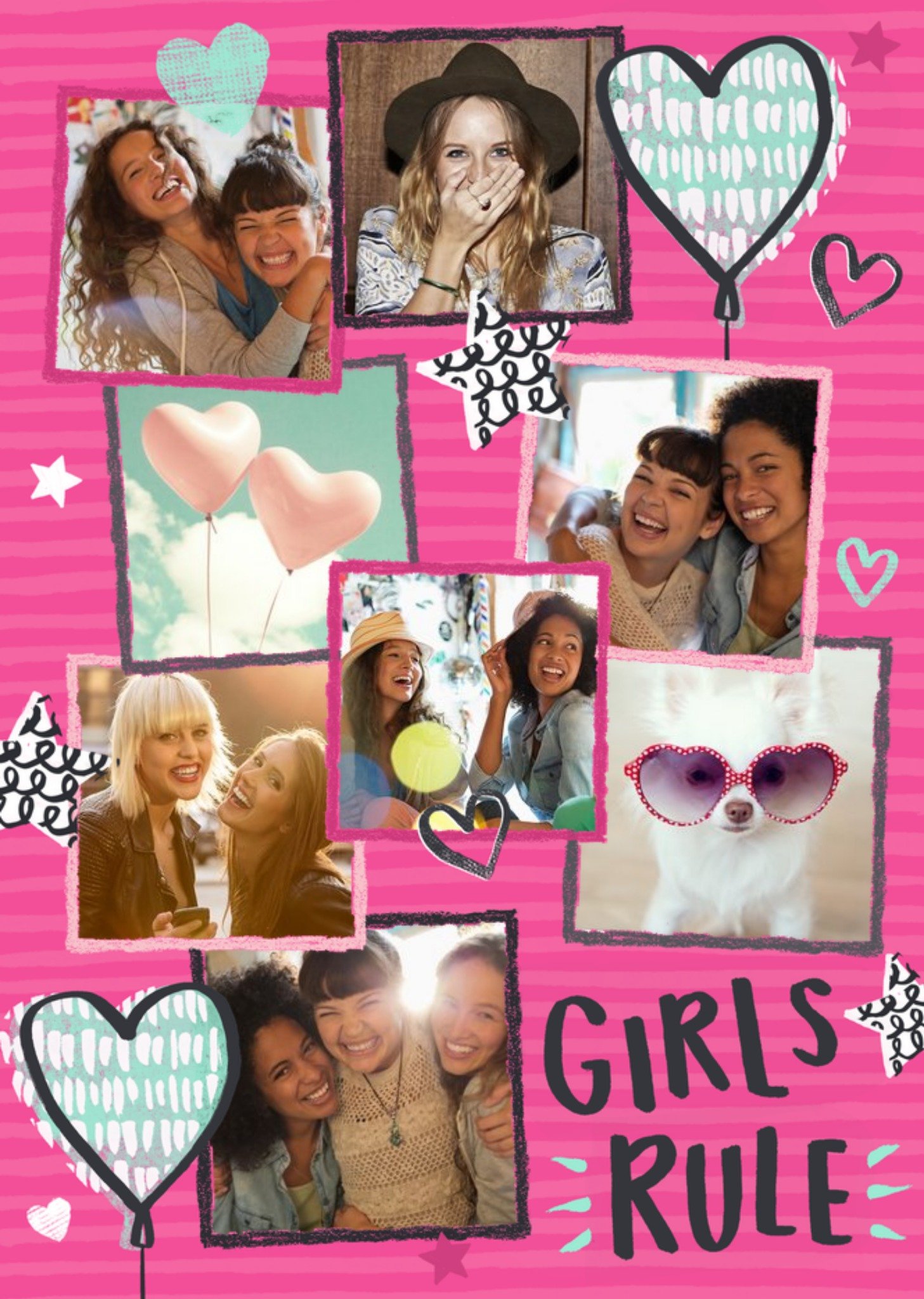 Moonpig Pink Stripes Girls Rule Personalised Photo Upload Birthday Card