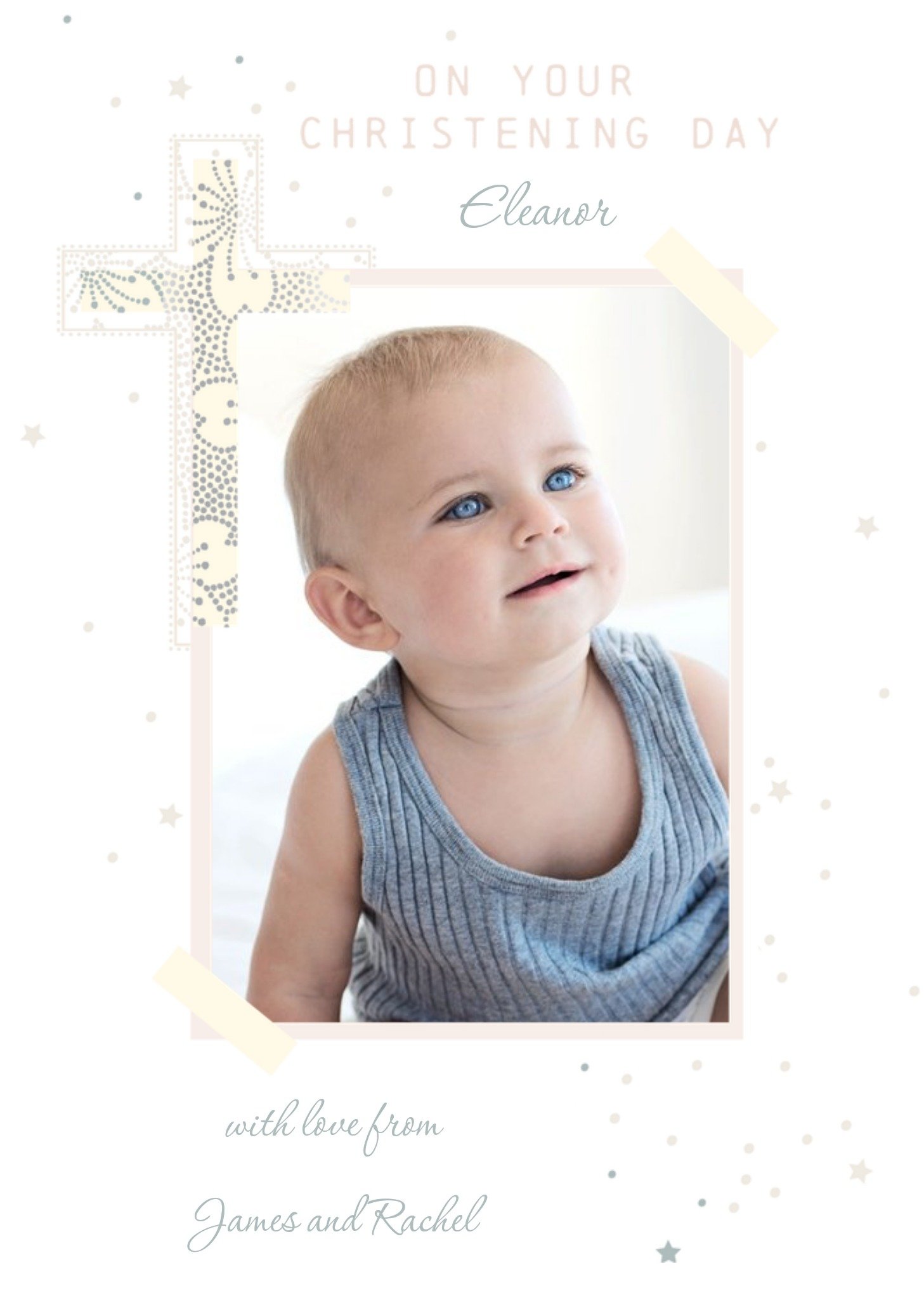 Ling Design Christian Cross With A Floral Pattern Christening Day Photo Upload Card