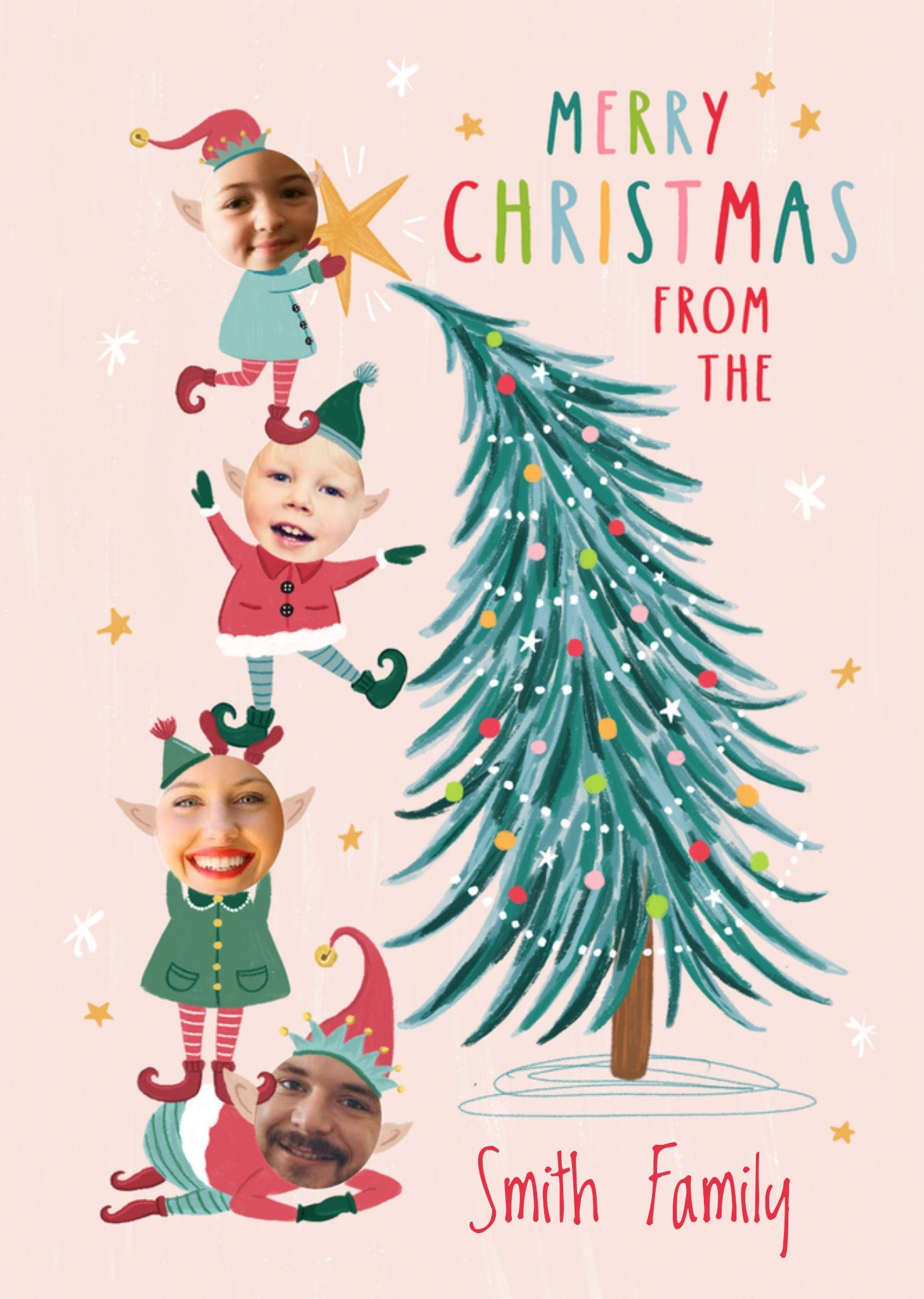 Moonpig 4 Elves Face Photo Upload Christmas Card