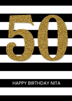 Black And White Striped Metallic 50th Birthday Card