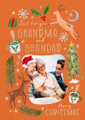 Just For You Grandma and Grandad Illustrated Photo Upload Christmas Card