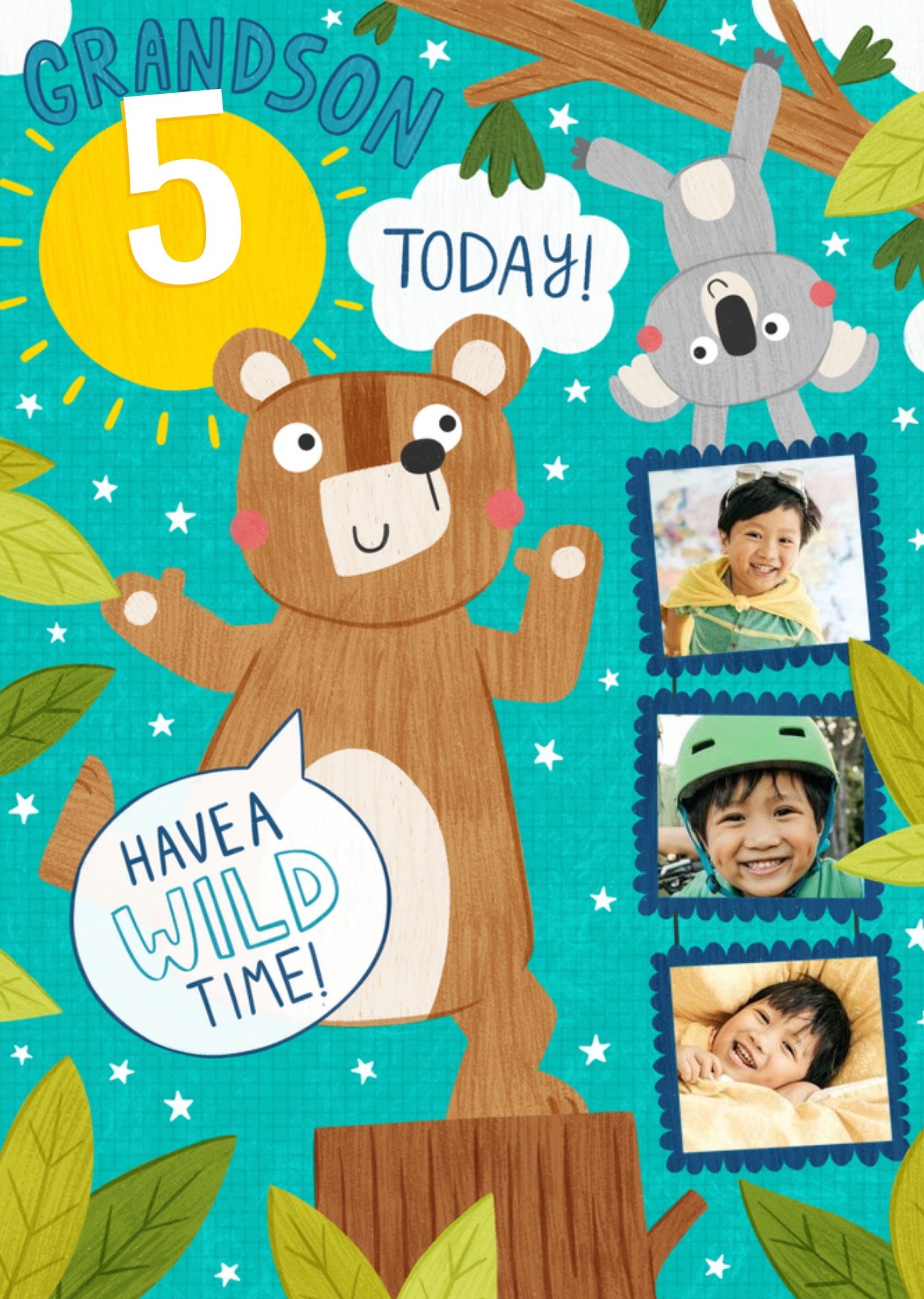 Moonpig Fun Illustration Of A Bear And A Koala With Three Photo Upload's Grandson's Birthday Card