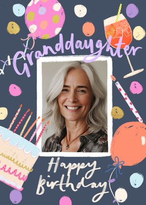 Photo Upload Granddaughter Birthday Card with Balloons and Cake Illustration