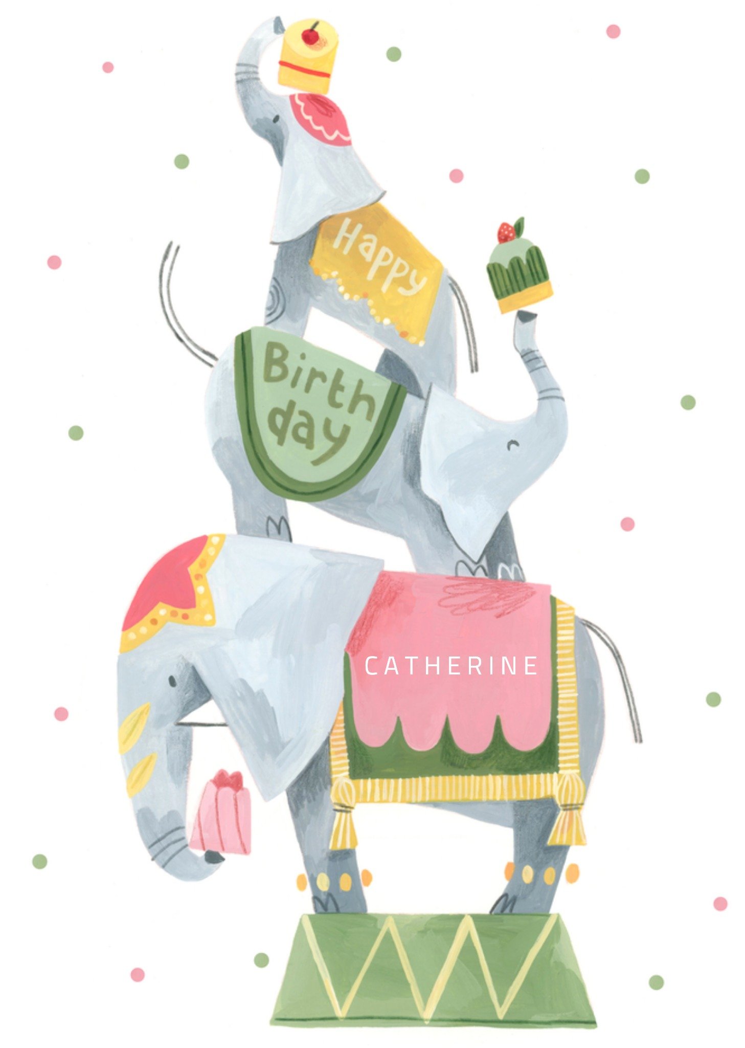 Moonpig Adorable Hand Painted Illustrated Balancing Circus Elephants With Cakes Happy Birthday Card