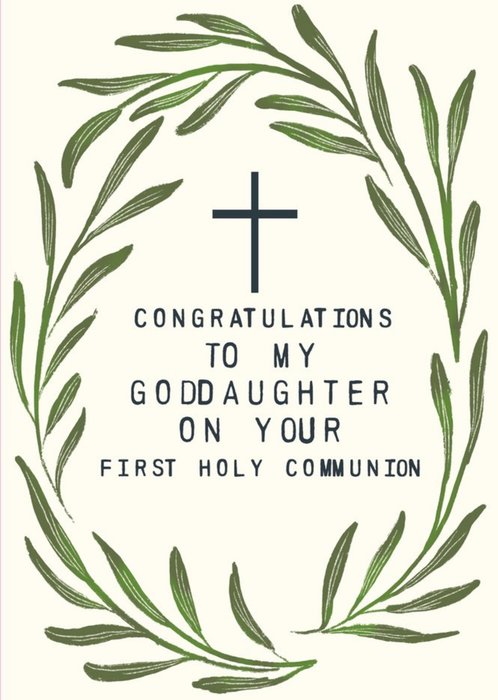 Illustration Of An Olive Wreath Surrounds Text Goddaughter First Holy Communion Card