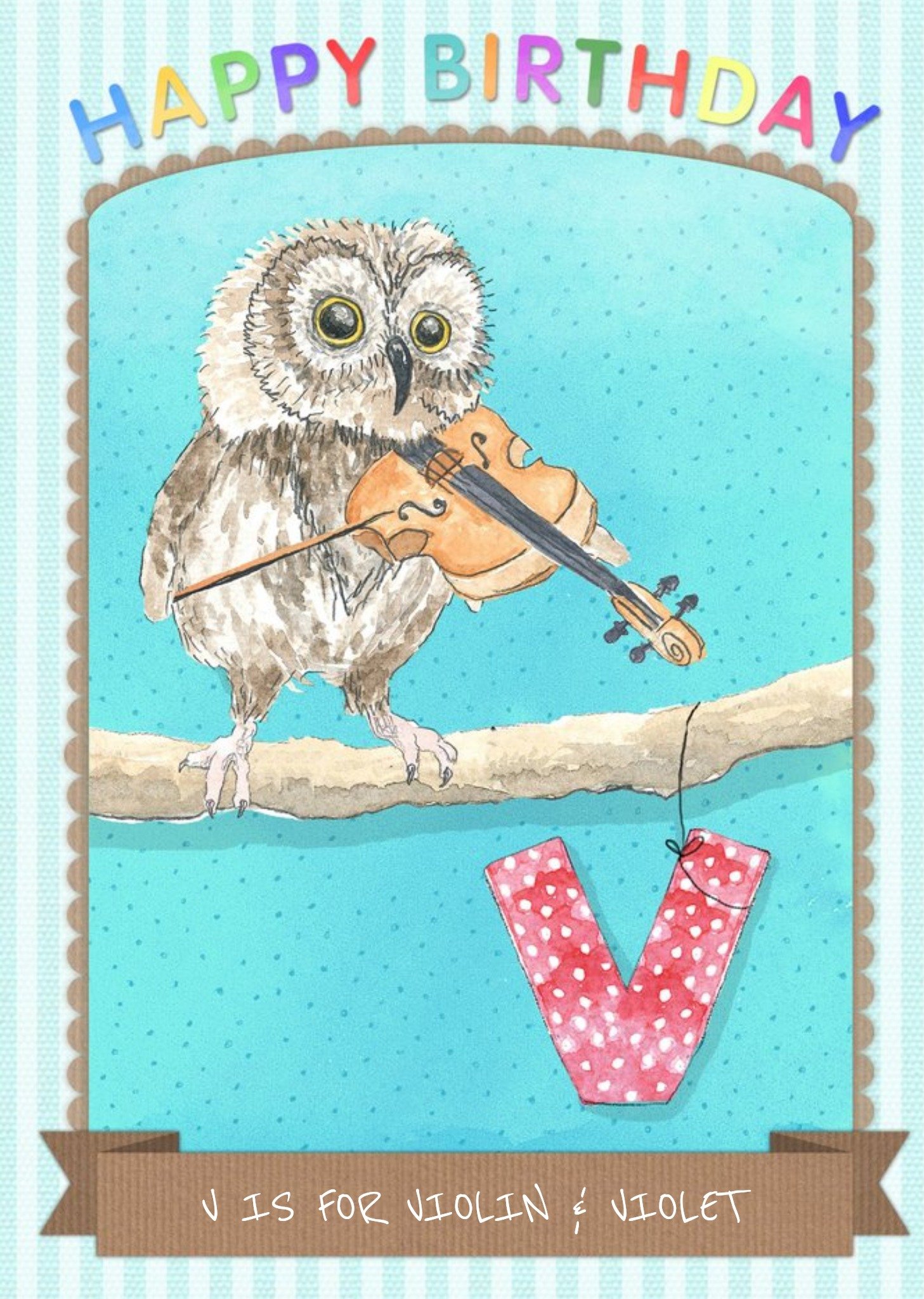 Moonpig Pinstriped V Is For Violin And Personalised Name Happy Birthday Card