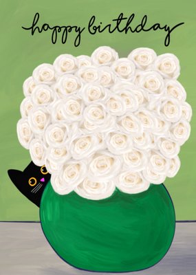 Cute Illustrated Cat And Bouquet Of Flowers Birthday Card