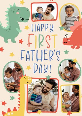 Rainbow Party Dinosaurs Happy First Father's Day Photo Upload Card