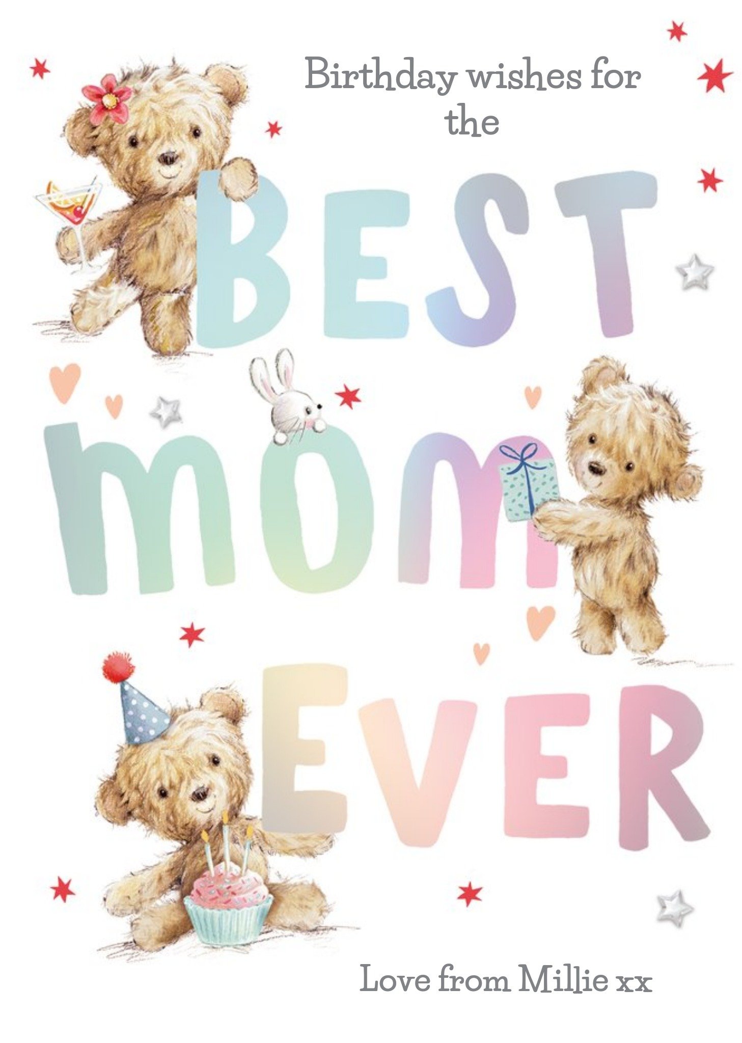 Moonpig Illustrated Teddy Bears Rainbow Typographic Personalised Best Mom Ever Card