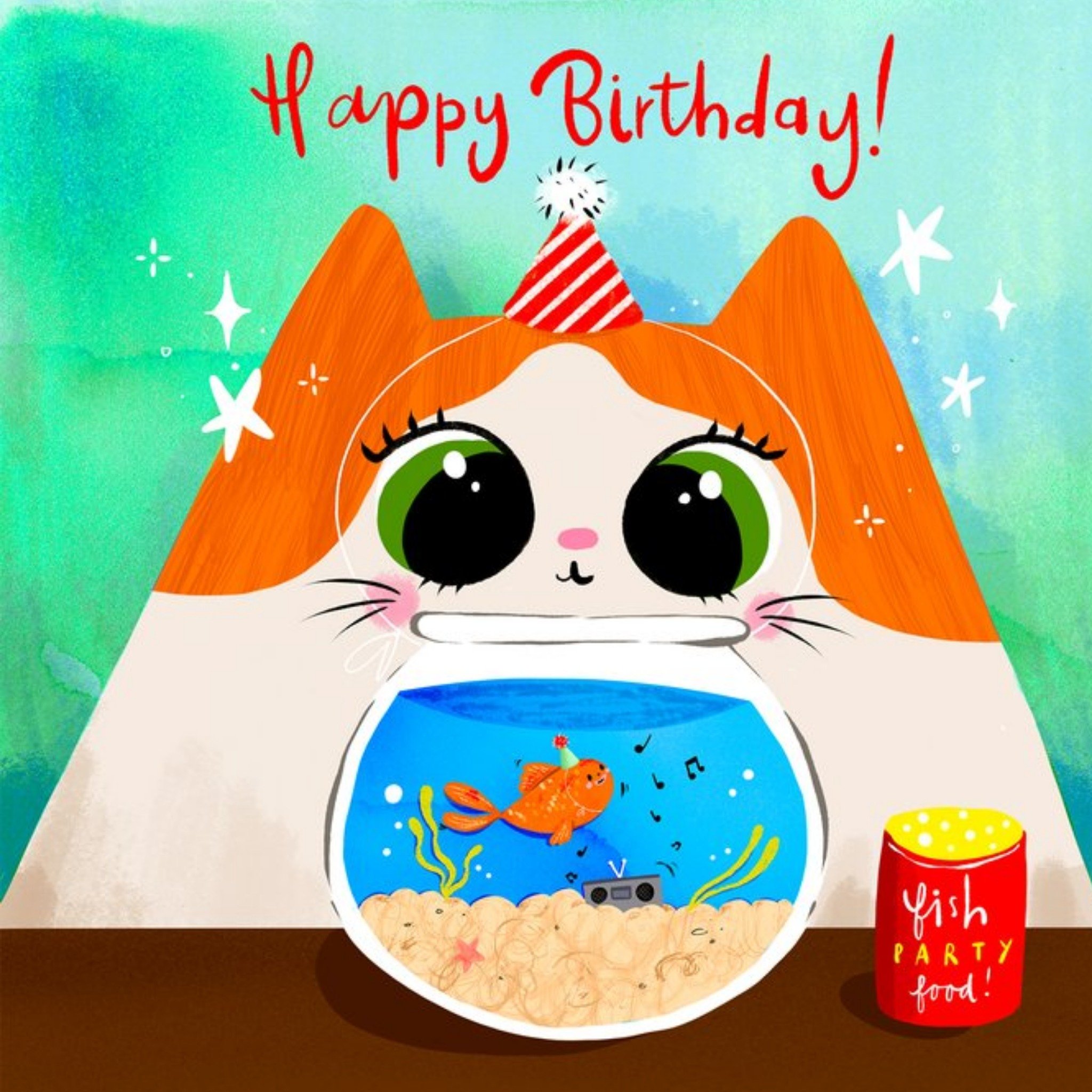 Moonpig Illustrated Floral Dancing Fish Cat Birthday Card