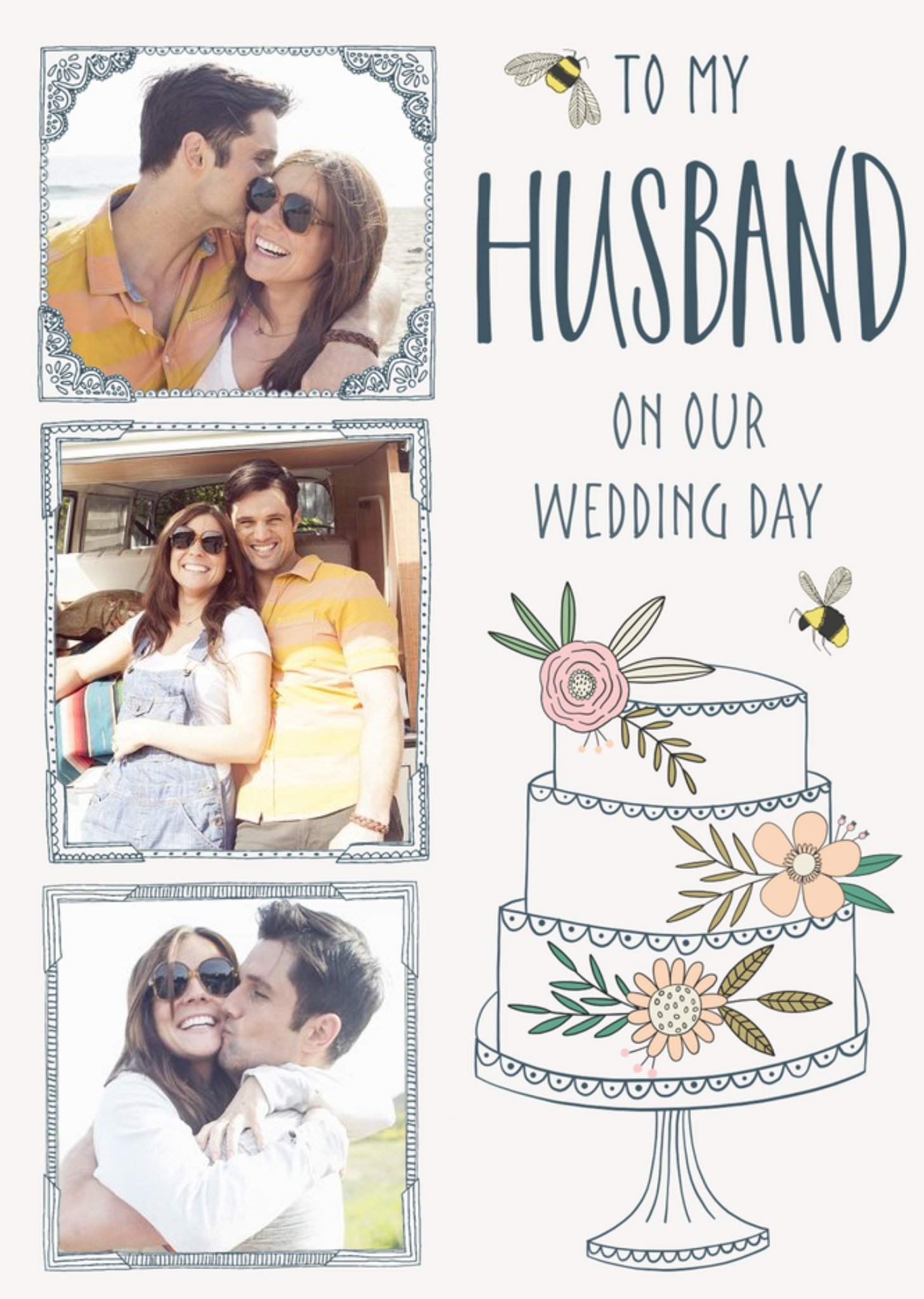 Moonpig Floral Photo Upload Wedding Card - Husband - Traditional Flowers And Bumblebee