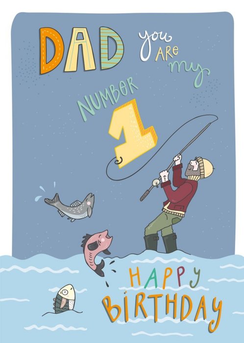 Funny Side Up Illustrated Fishing Colourful Dad Birthday Card