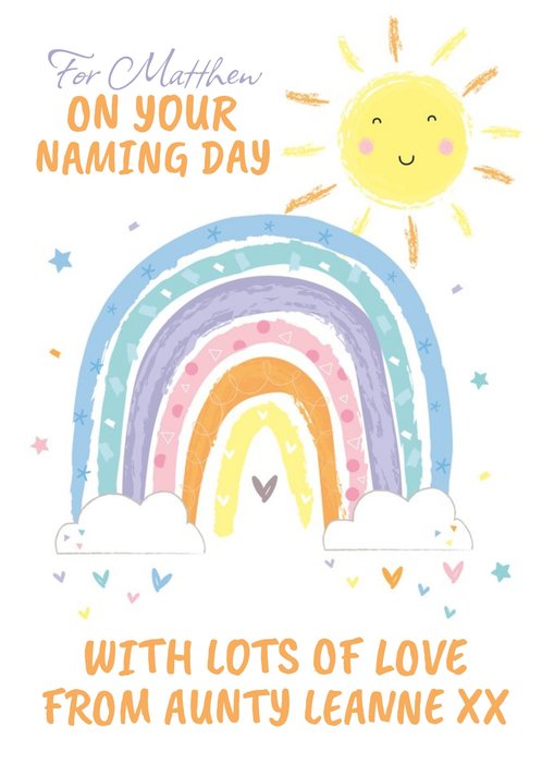 Cute Illustration Of The Sun And A Colourful Rainbow Surrounded By Hearts And Stars Naming Day Card 