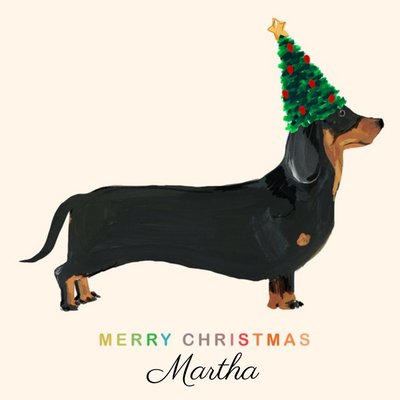 Dachshund Sausage Dog With Christmas Hat Personalised Merry Christmas Card