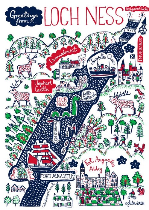 Illustrated Scenic Map Greetings From Scotland Loch Ness Card