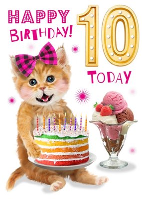 Cute Kitten With Cake 10th Birthday Card