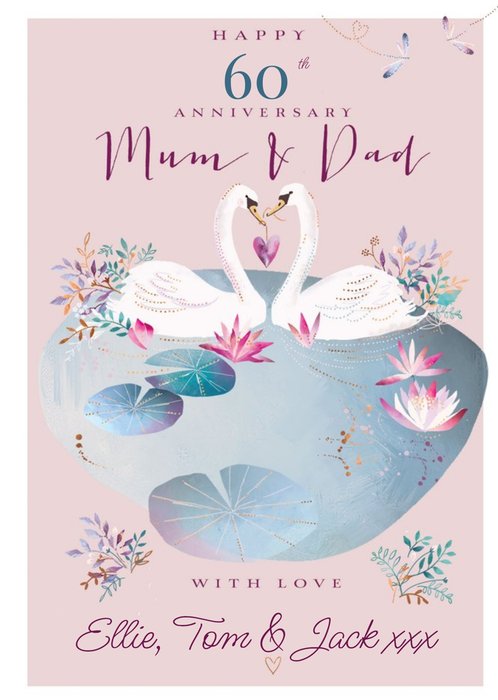 Ling Design Illustrated Swans 60th Anniversary Editable Card 