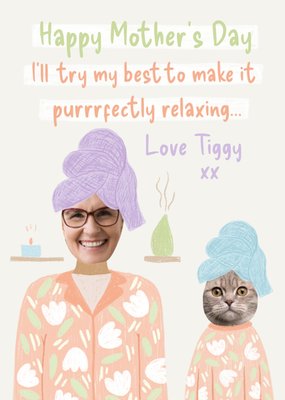 Trading Faces Purrrfectly Relaxing Illustrated Towel Head Wraps And Bathroom Robes Photo Upload Mother's Day Card