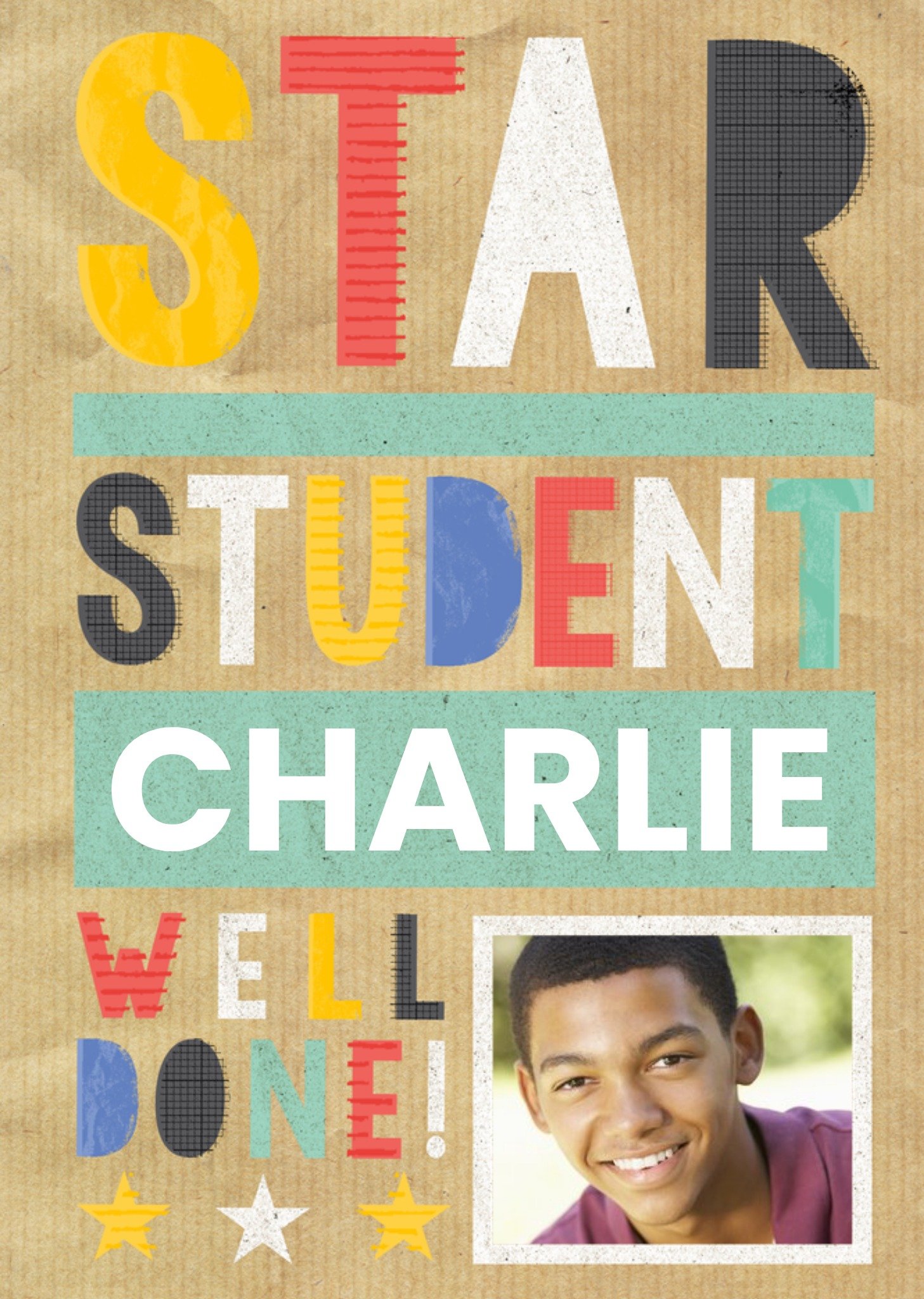 Moonpig Primary Coloured Block Letters Personalised Star Student Card