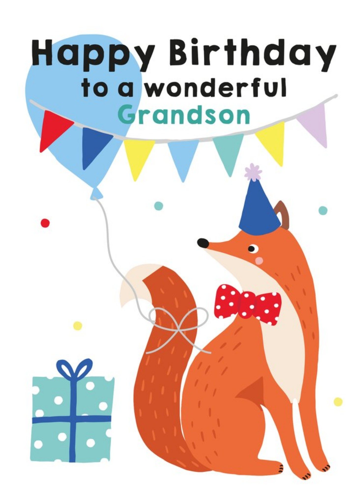 Moonpig Illustrated Cute Party Hat Bowtie Foxt Happy Birthday To A Wonderful Grandson