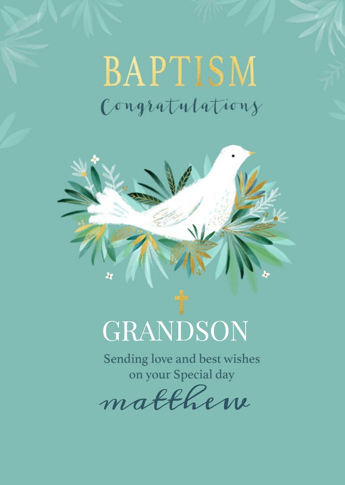 Moonpig Illustrated Dove Typographic Green Baptism Card