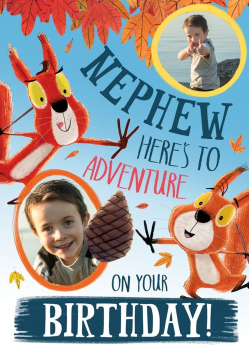 Nephew Here's To Adventure On Your Birthday Illustrated Squirrels Chasing A Pinecone Photo Upload Birthday Card