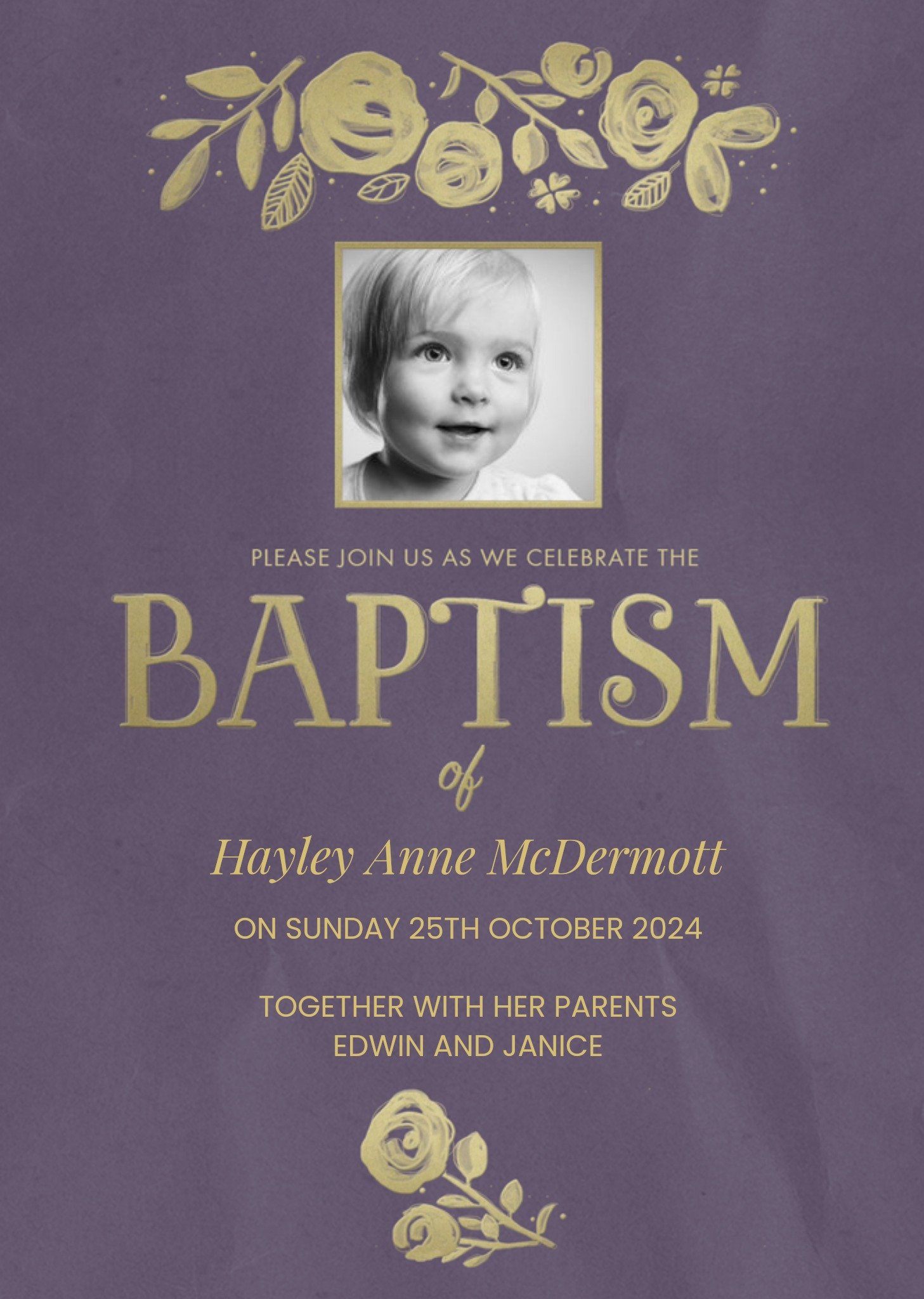 Moonpig Plum And Metallic Gold Photo Upload And Personalised Baptism Card