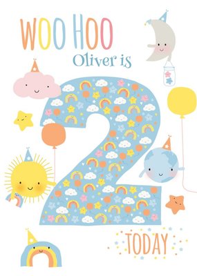 Cartoon Cloud Moon Sun World Personalised Happy 2nd Birthday Card