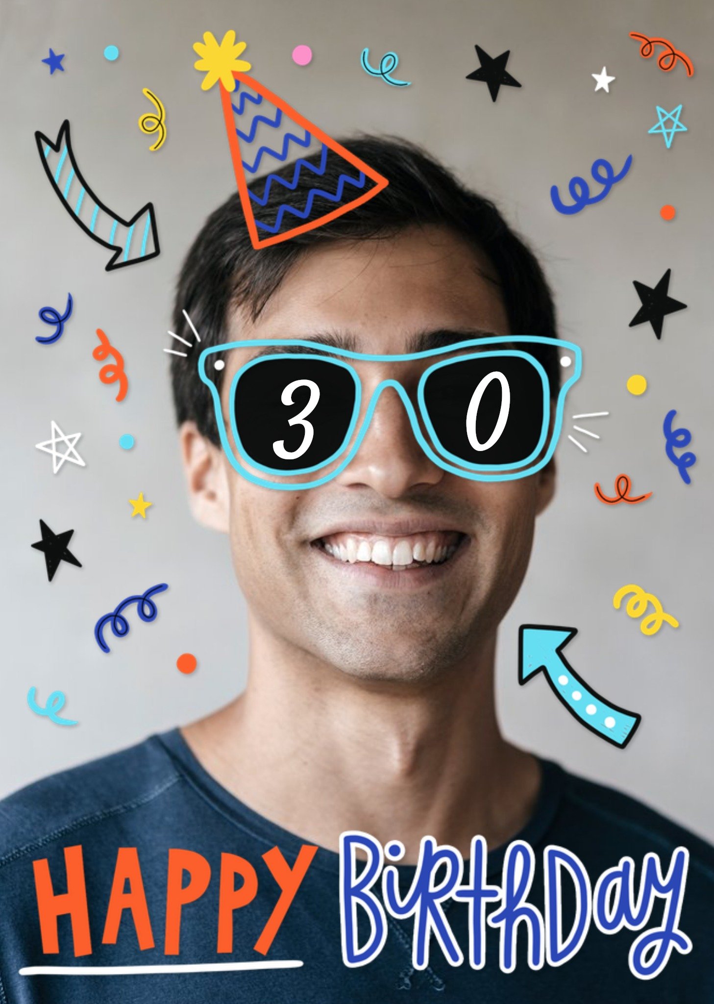 Moonpig 30th Birhday Bright Graphic Photo Upload Birthday Card