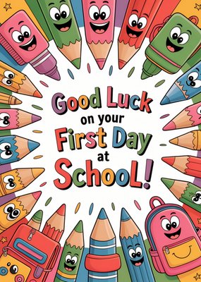 Cartoon Pencils First Day At School Good Luck Card