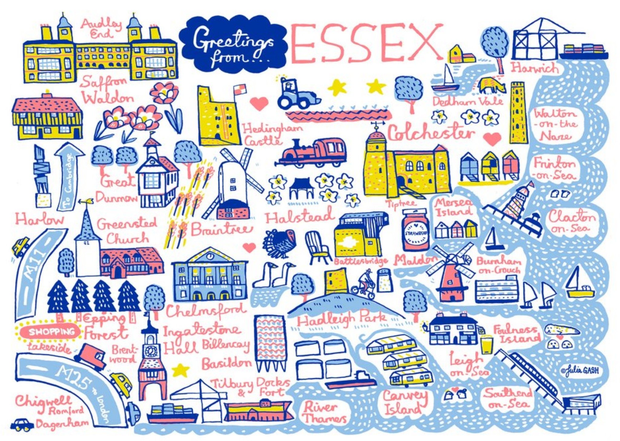 Moonpig Illustrated Greetings From Essex Map Card