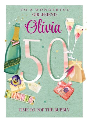 Illustration Of Wine And Presents Girfriend Personalised Fiftieth Birthday Card