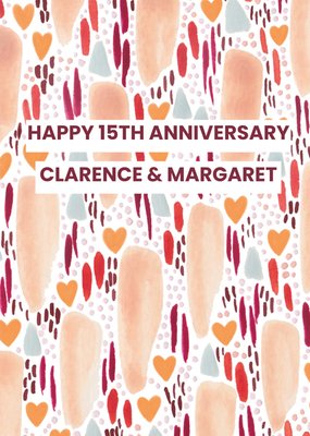 Abstract Watercolour Paint Marks And Hearts Happy 15th Anniversary Card