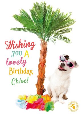 Palm Tree And Pup Personalised Happy Birthday Card