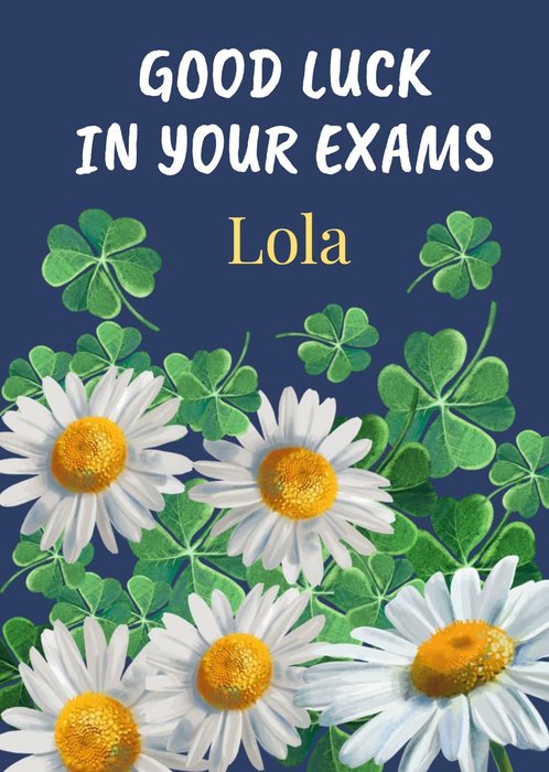 Daisies And Four Leaf Clovers Illustration Personalised Good Luck Card