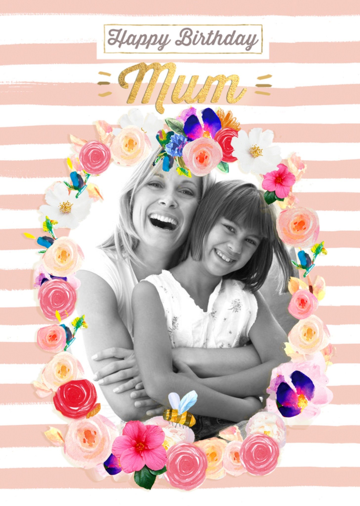 Moonpig Stripes And Flower Border Personalised Photo Upload Birthday Card For Mum