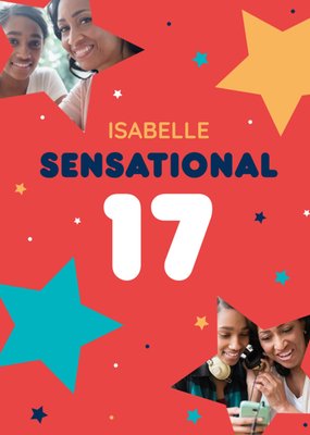 Double Photo Upload Typographic Sensational 17 Birthday Card