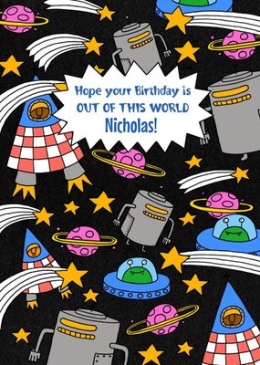 Spaceships Space Astronauts Aliens Out Of This World Birthday Card