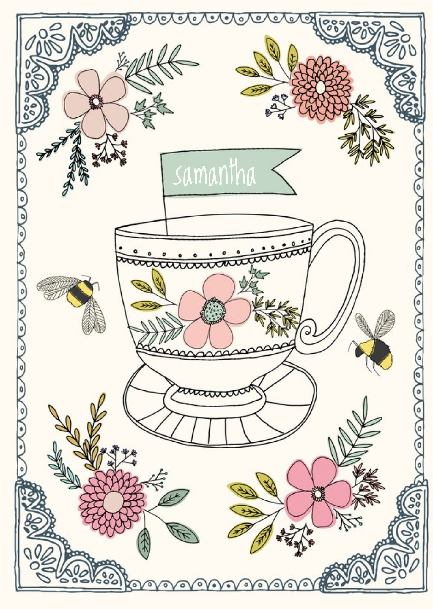 Moonpig Vintage Flowers And Teacup Personalised Name Card