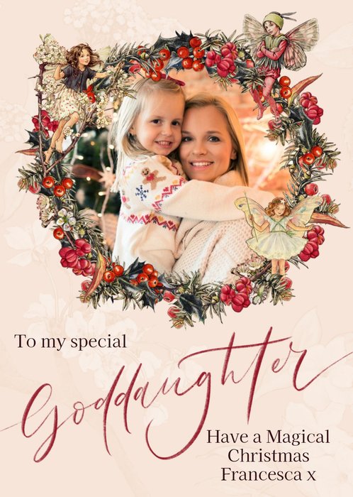 Flower Fairies Special Goddaughter Photo Upload Wreath Christmas Card