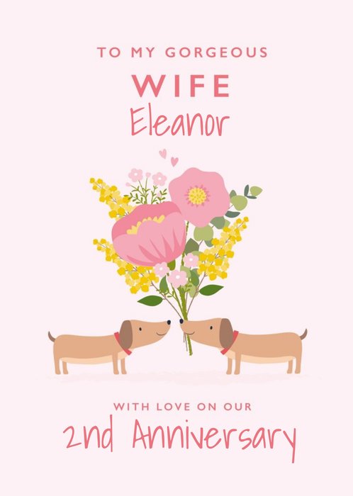 Cute Sausage Dog Floral Wife Anniversary Card