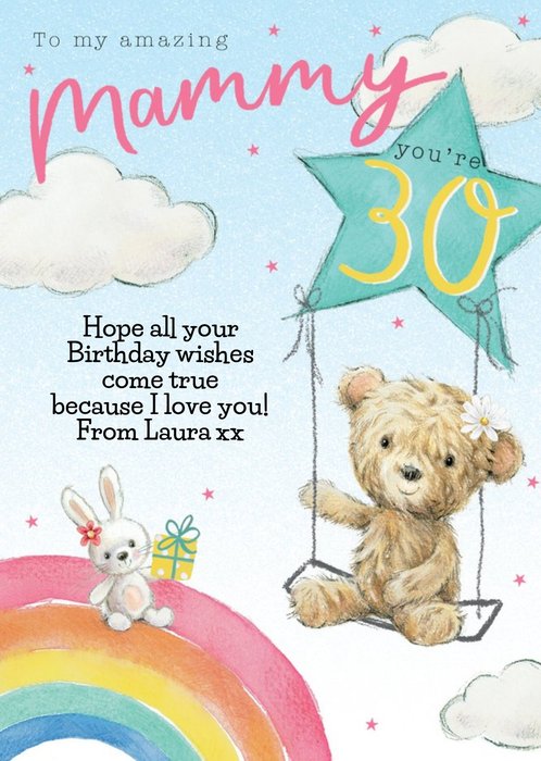 Clintons Illustrated Rainbow Teddy Bear Mammy 30th Birthday Card