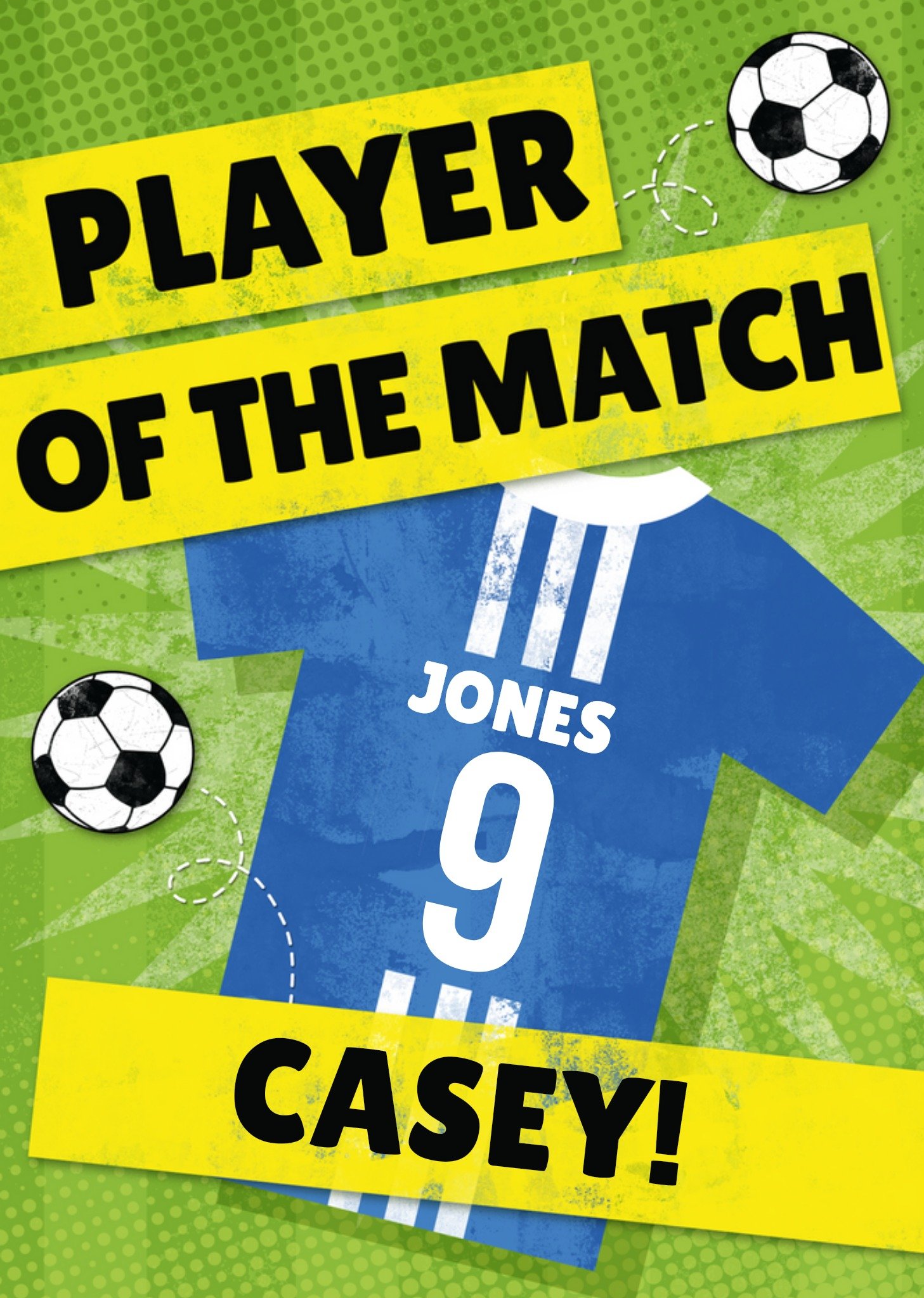 Moonpig Player Of The Match Personalised Blue Football Kit Birthday Card, Large