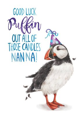 Illustration Puffin Good Luck Puffin Out Candles Nanna Birthday Card