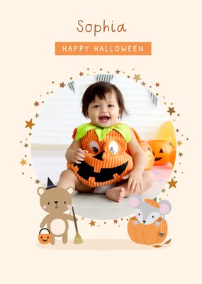 Cute Illustrated Bear And Mouse Photo Upload Halloween Card