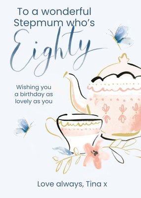 Clintons Blue Tea Set 80th Birthday Card