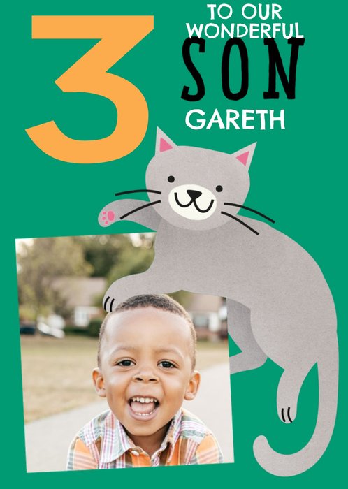 Cute Simple Illustration Of A Cat To Our Wonderful Son 3rd Birthday Photo Upload Card