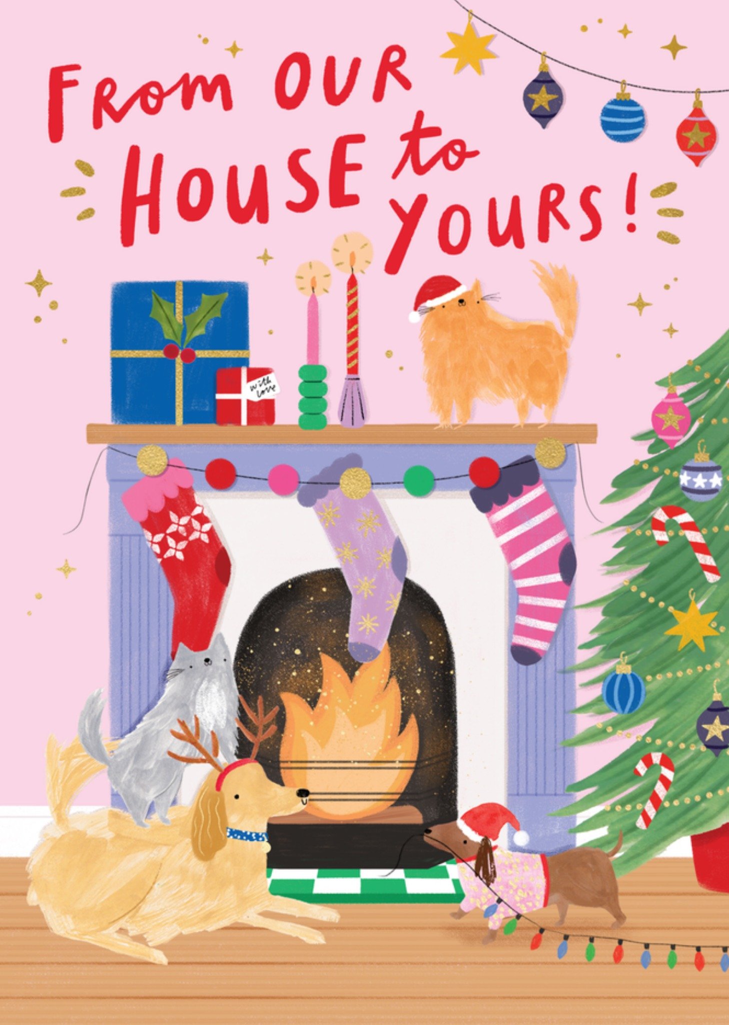 Moonpig From Our House To Yours Cute Cats & Dogs Illustrated Christmas Card
