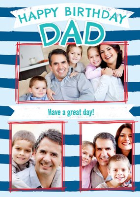 Photo Frames With Red Borders On A Blue Striped Background Dad's Photo Upload Birthday Card